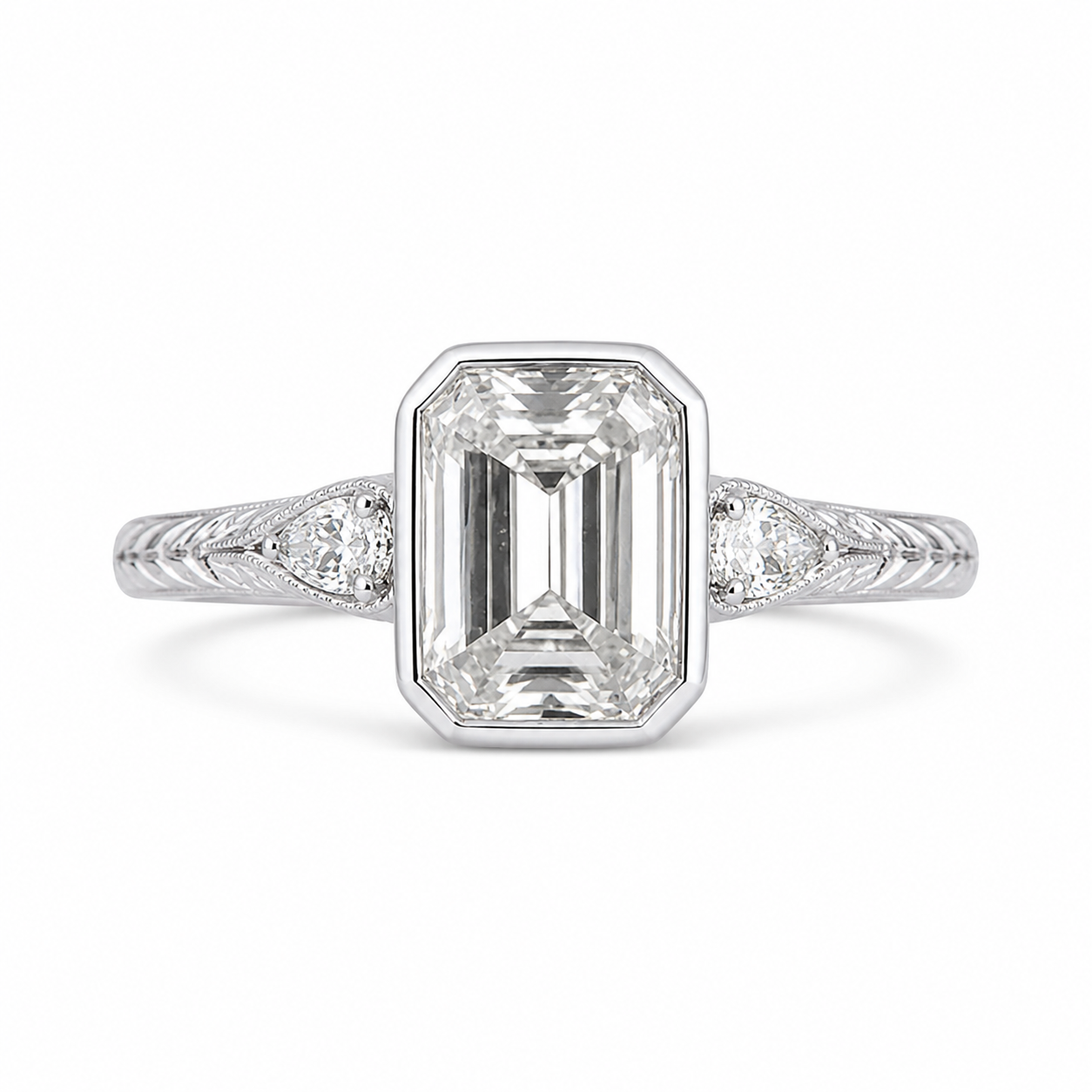4.00 CT Emerald Cut Lab-Grown Diamond Three-Stone Engagement Ring in 14K White Gold – Pear Side Stone Bezel Trilogy Design