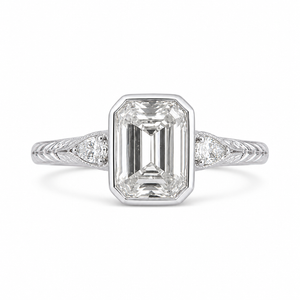 4.00 CT Emerald Cut Lab-Grown Diamond Three-Stone Engagement Ring in 14K White Gold – Pear Side Stone Bezel Trilogy Design