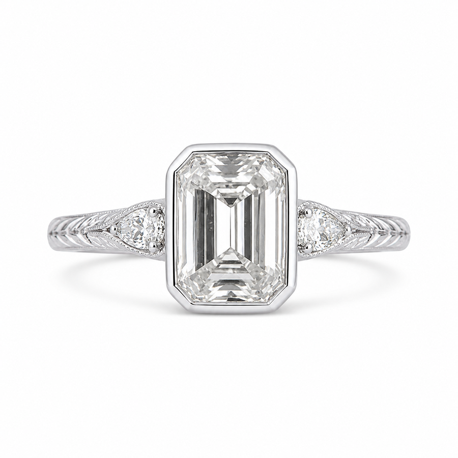 4.00 CT Emerald Cut Lab-Grown Diamond Three-Stone Engagement Ring in 14K White Gold – Pear Side Stone Bezel Trilogy Design