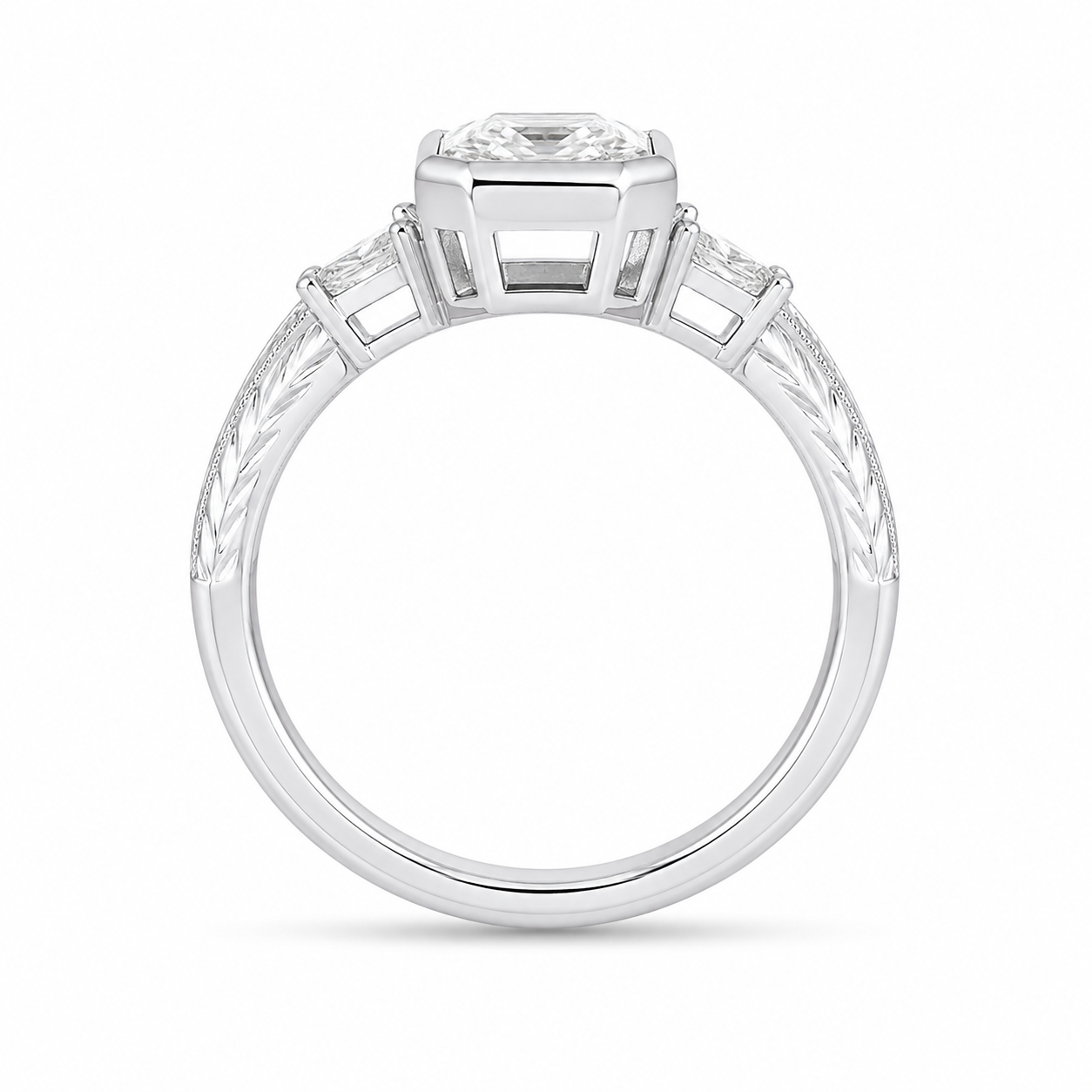 4.00 CT Emerald Cut Lab-Grown Diamond Three-Stone Engagement Ring in 14K White Gold – Pear Side Stone Bezel Trilogy Design