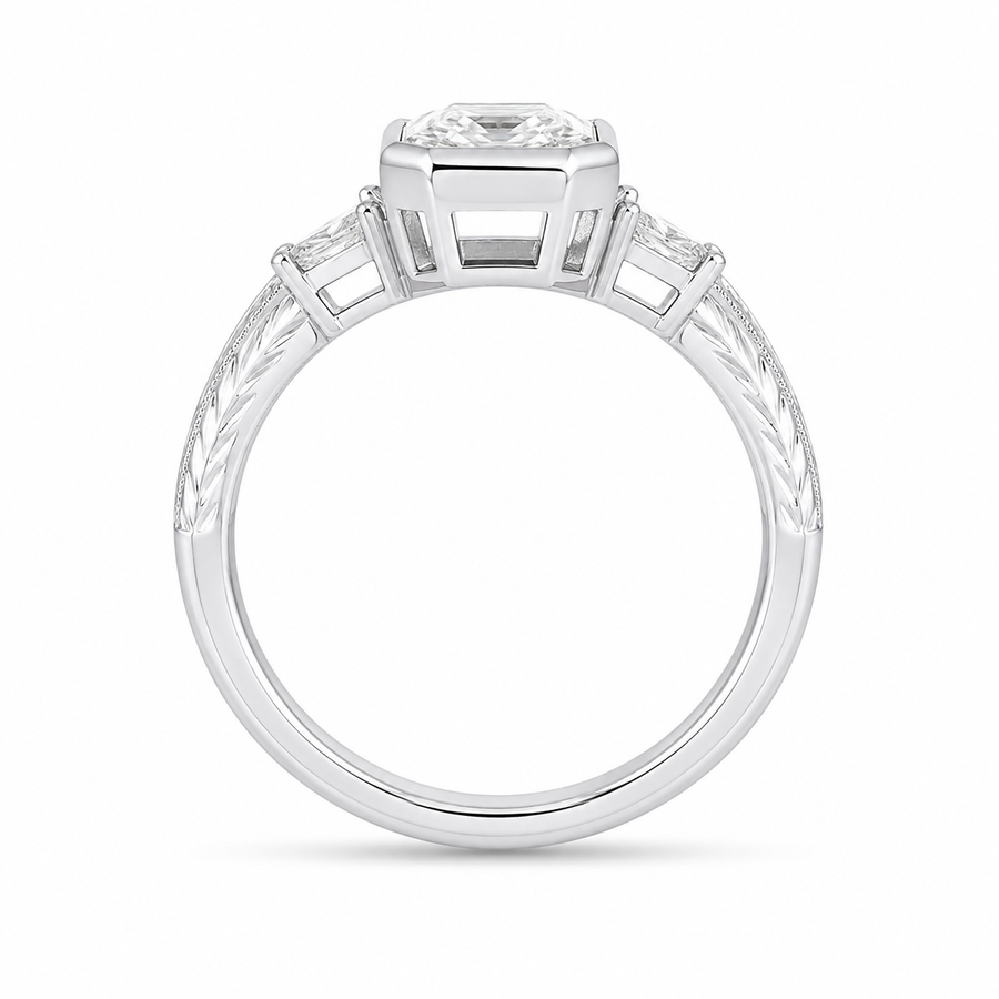 4.00 CT Emerald Cut Lab-Grown Diamond Three-Stone Engagement Ring in 14K White Gold – Pear Side Stone Bezel Trilogy Design