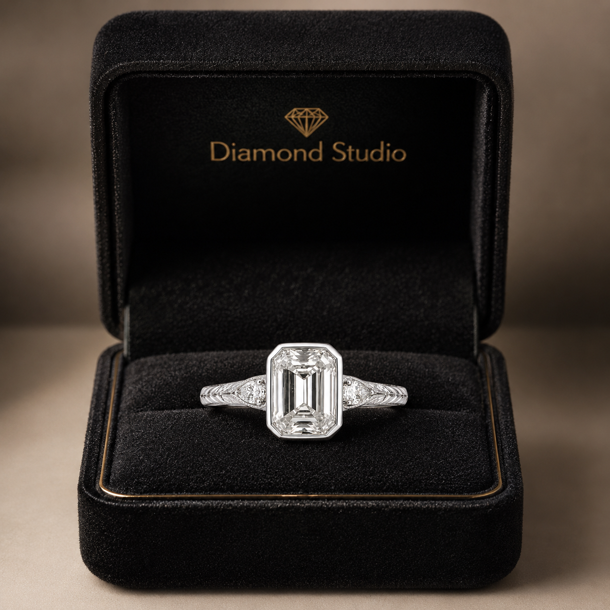 4.00 CT Emerald Cut Lab-Grown Diamond Three-Stone Engagement Ring in 14K White Gold – Pear Side Stone Bezel Trilogy Design