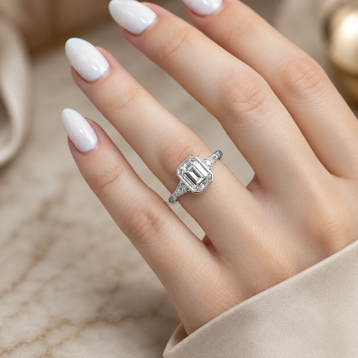 4.00 CT Emerald Cut Lab-Grown Diamond Three-Stone Engagement Ring in 14K White Gold – Pear Side Stone Bezel Trilogy Design