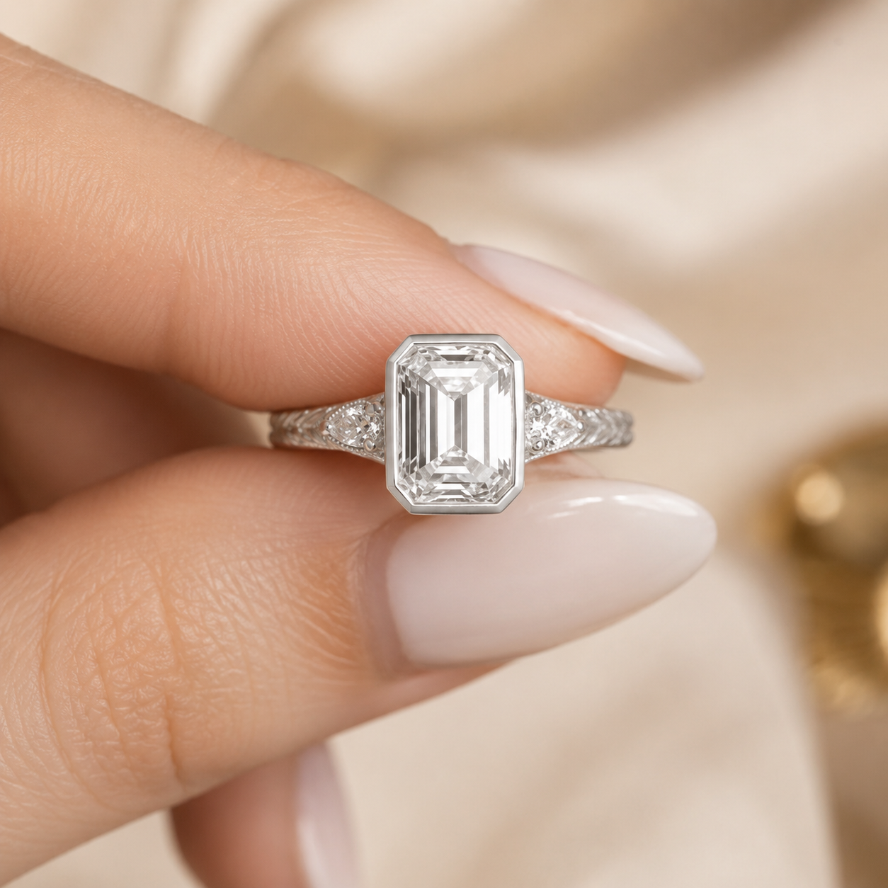 4.00 CT Emerald Cut Lab-Grown Diamond Three-Stone Engagement Ring in 14K White Gold – Pear Side Stone Bezel Trilogy Design