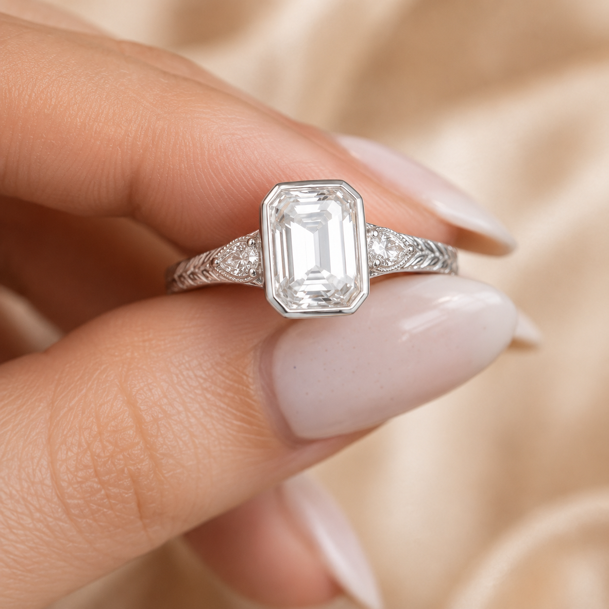 4.00 CT Emerald Cut Lab-Grown Diamond Three-Stone Engagement Ring in 14K White Gold – Pear Side Stone Bezel Trilogy Design
