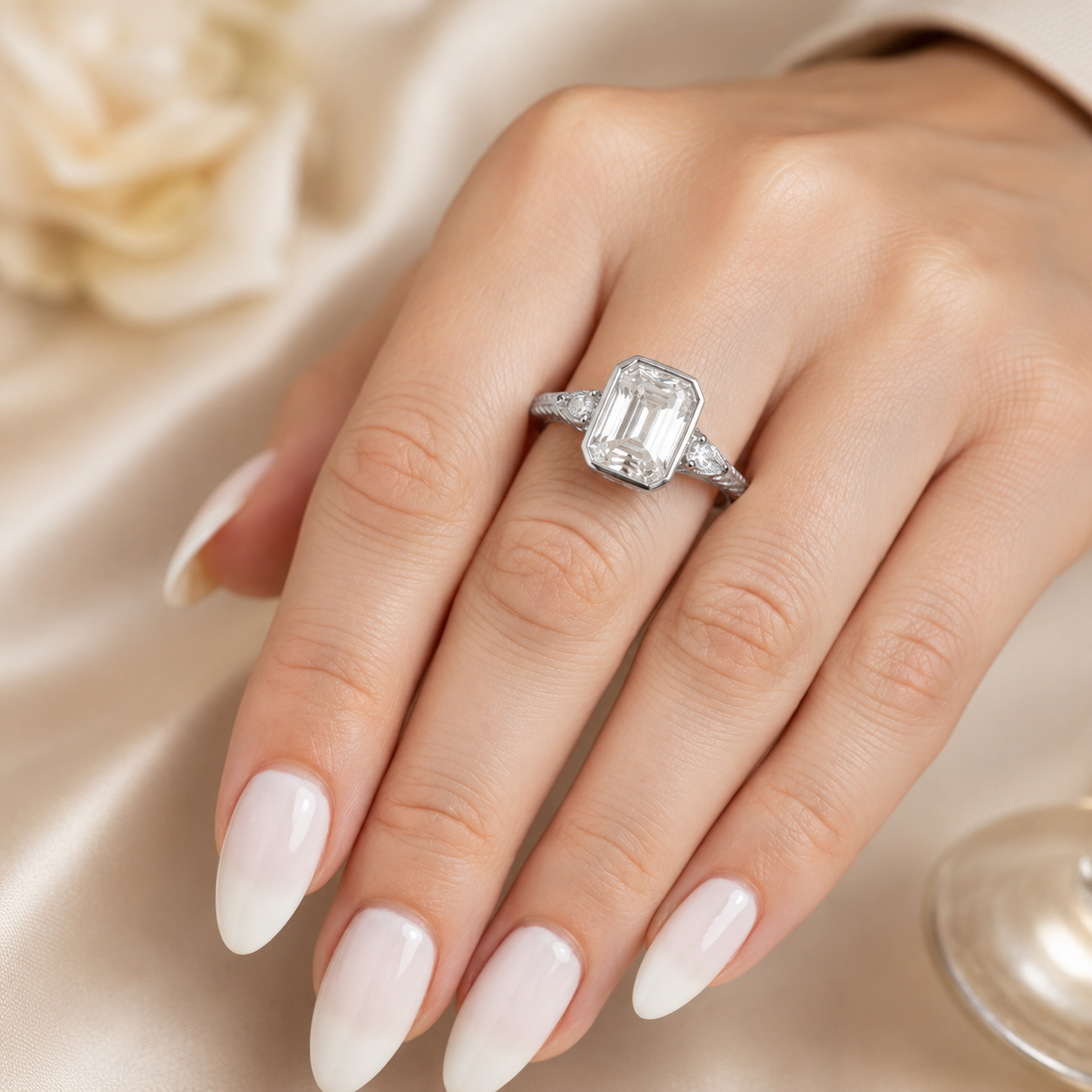 4.00 CT Emerald Cut Lab-Grown Diamond Three-Stone Engagement Ring in 14K White Gold – Pear Side Stone Bezel Trilogy Design