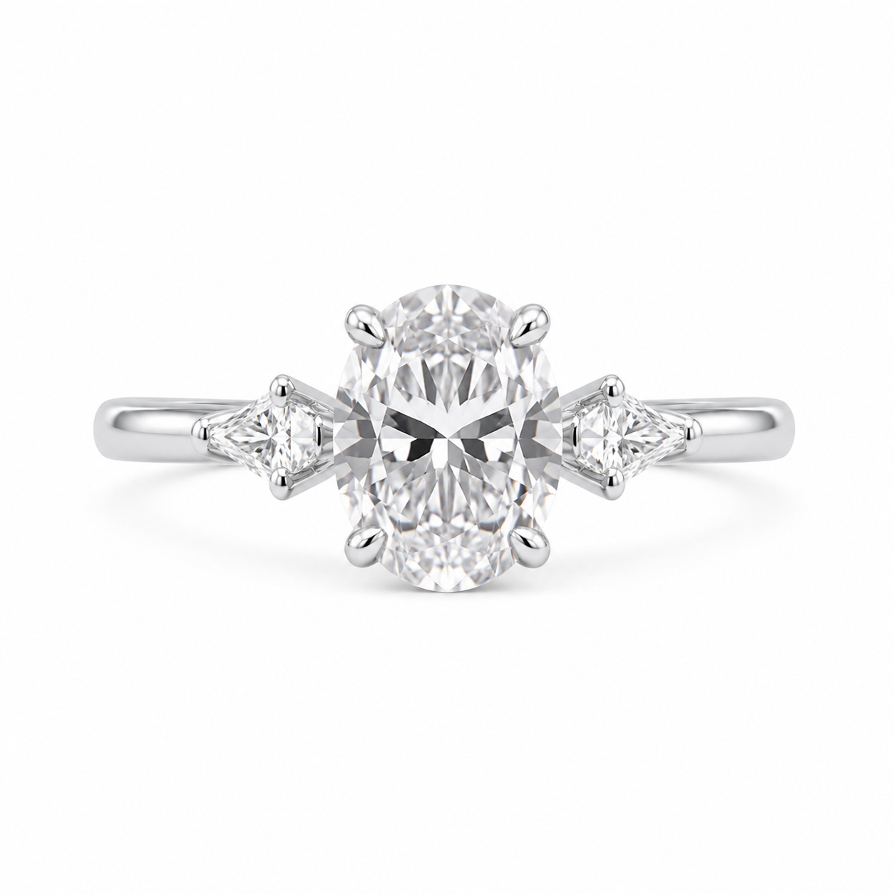 3.00 CT Oval Lab-Grown Diamond Three-Stone Engagement Ring in 14K White Gold – Kite Side Diamond IGI Certified Design