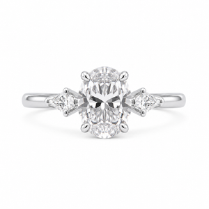 3.00 CT Oval Lab-Grown Diamond Three-Stone Engagement Ring in 14K White Gold – Kite Side Diamond IGI Certified Design