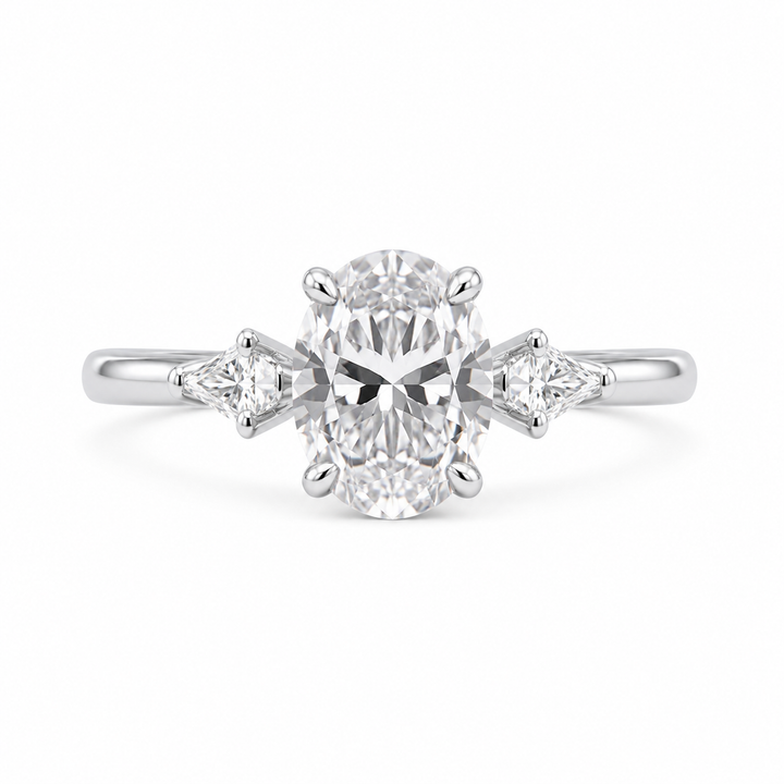 3.00 CT Oval Lab-Grown Diamond Three-Stone Engagement Ring in 14K White Gold â€“ Kite Side Diamond IGI Certified Design from Diamond Studio