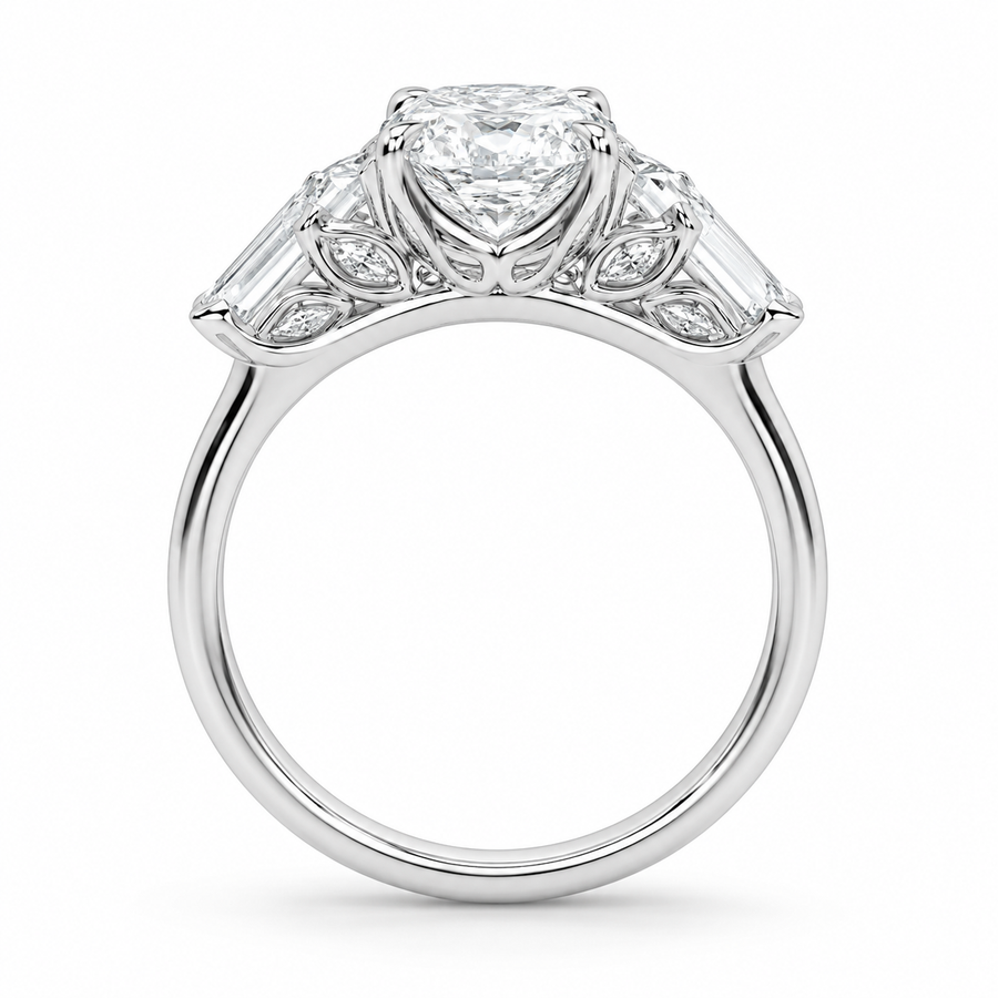 3.00 CT Oval Lab-Grown Diamond Three-Stone Engagement Ring in 14K White Gold – Kite Side Diamond IGI Certified Design