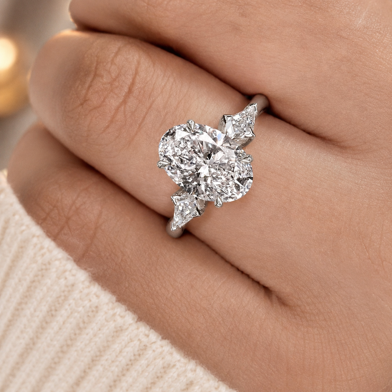 3.00 CT Oval Lab-Grown Diamond Three-Stone Engagement Ring in 14K White Gold – Kite Side Diamond IGI Certified Design