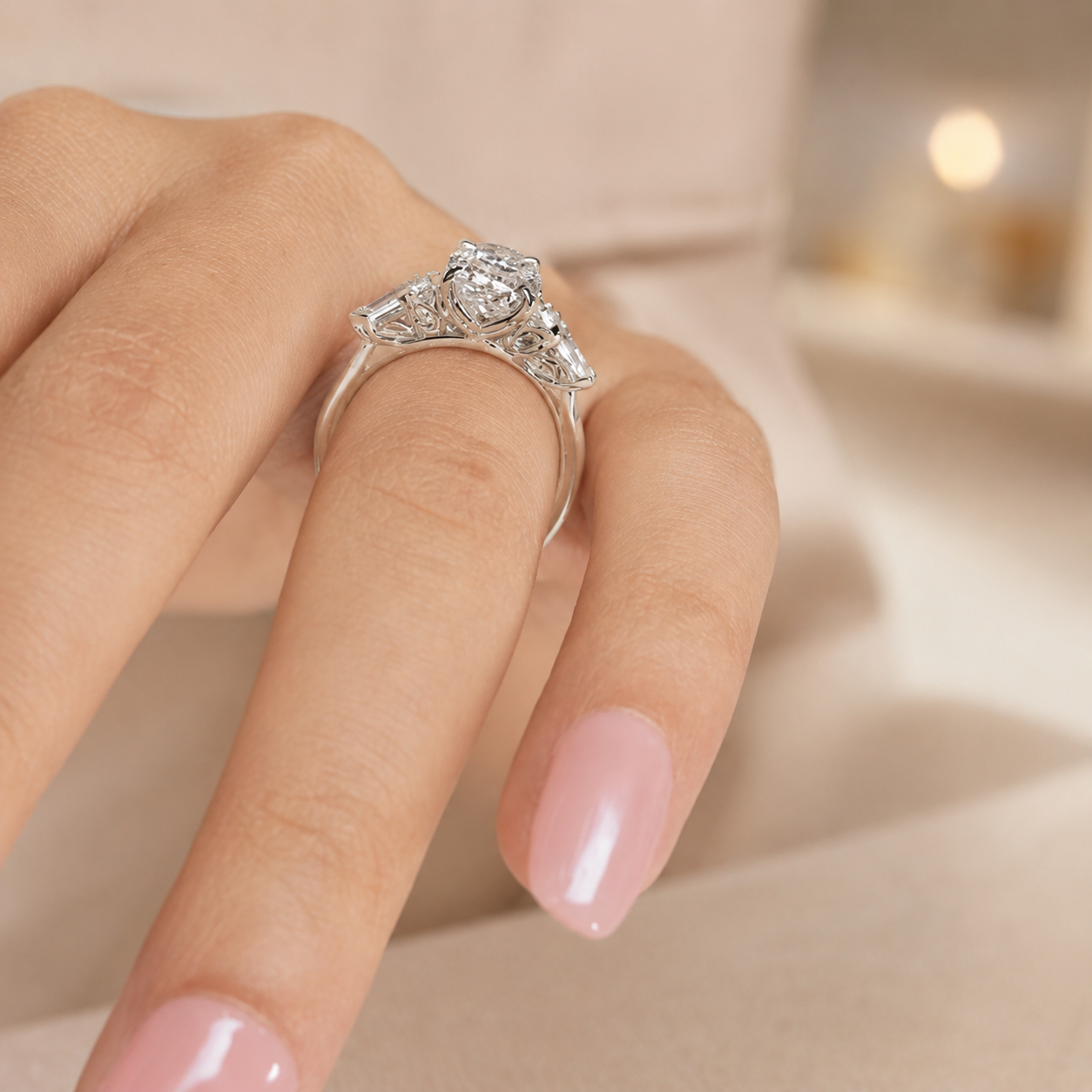 3.00 CT Oval Lab-Grown Diamond Three-Stone Engagement Ring in 14K White Gold – Kite Side Diamond IGI Certified Design