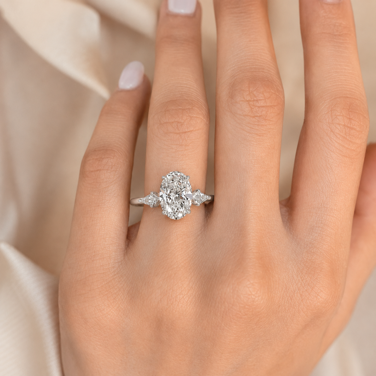 3.00 CT Oval Lab-Grown Diamond Three-Stone Engagement Ring in 14K White Gold – Kite Side Diamond IGI Certified Design
