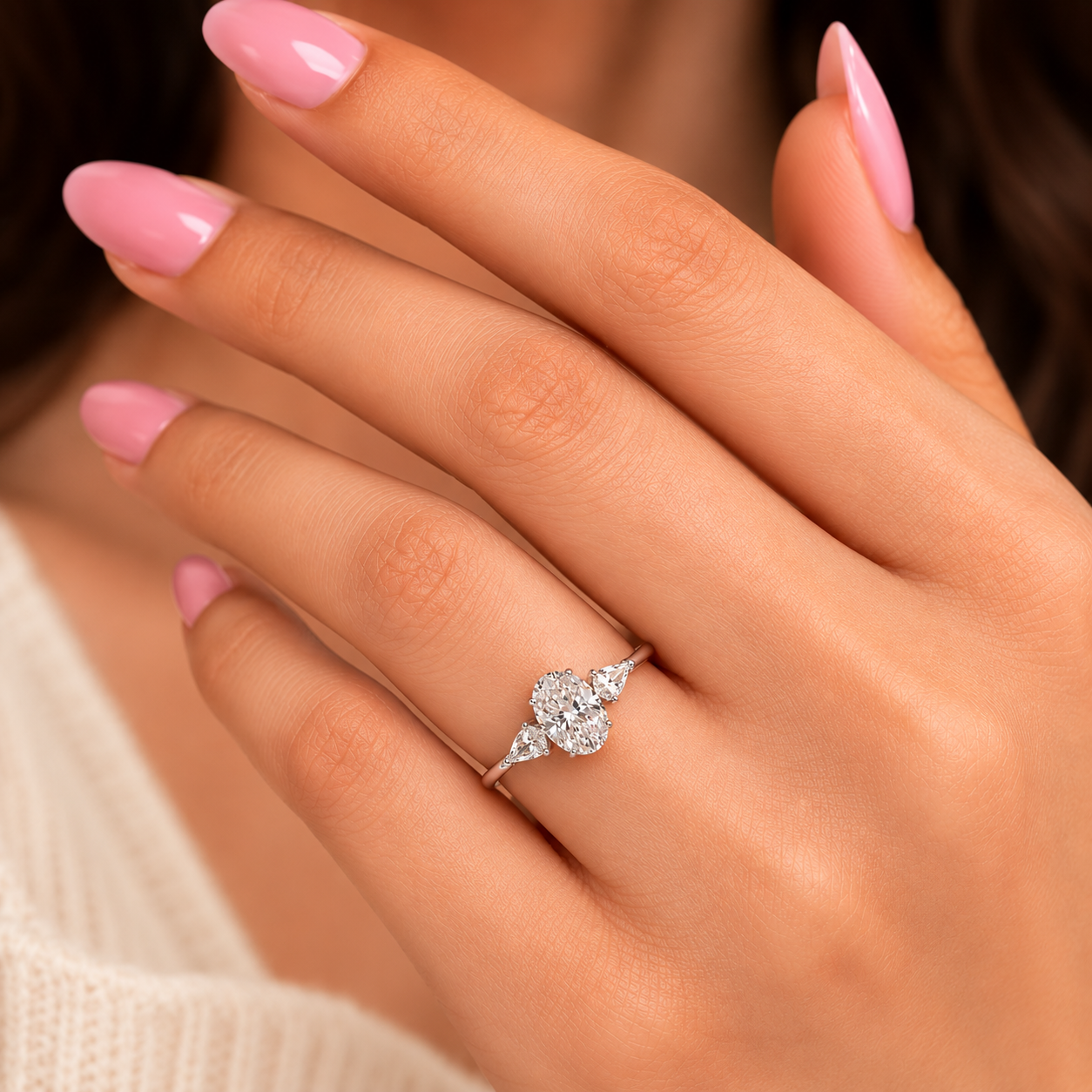 3.00 CT Oval Lab-Grown Diamond Three-Stone Engagement Ring in 14K White Gold – Kite Side Diamond IGI Certified Design