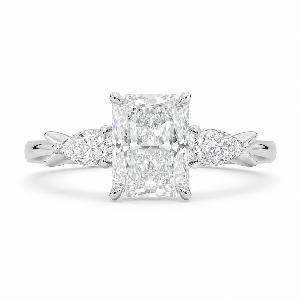 2.50 CT Radiant Lab-Grown Diamond Three-Stone Engagement Ring in 14K White Gold – Pear Side Stone Design