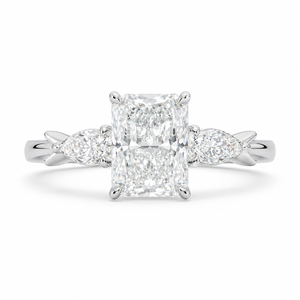 2.50 CT Radiant Lab-Grown Diamond Three-Stone Engagement Ring in 14K White Gold – Pear Side Stone Design