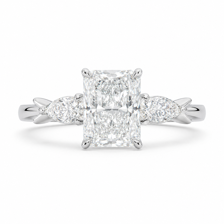 2.50 CT Radiant Lab-Grown Diamond Three-Stone Engagement Ring in 14K White Gold â€“ Pear Side Stone Design from Diamond Studio