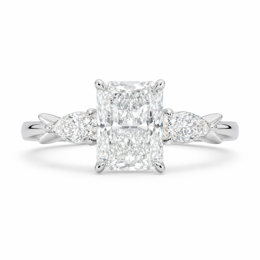 2.50 CT Radiant Lab-Grown Diamond Three-Stone Engagement Ring in 14K White Gold – Pear Side Stone Design