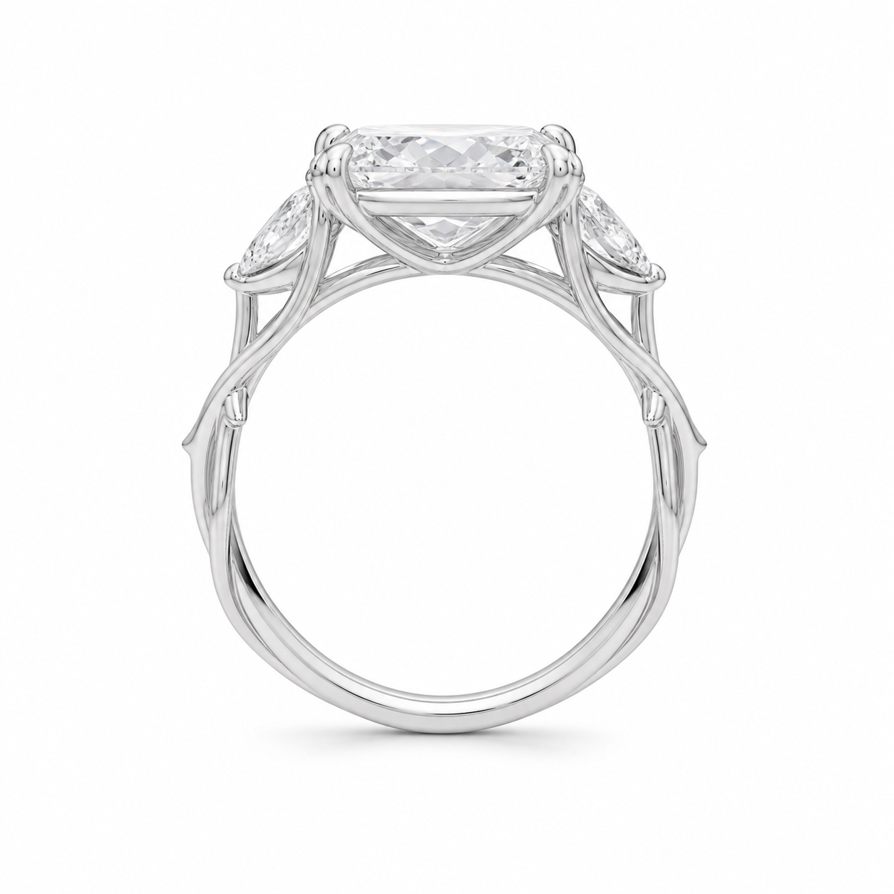 2.50 CT Radiant Lab-Grown Diamond Three-Stone Engagement Ring in 14K White Gold – Pear Side Stone Design