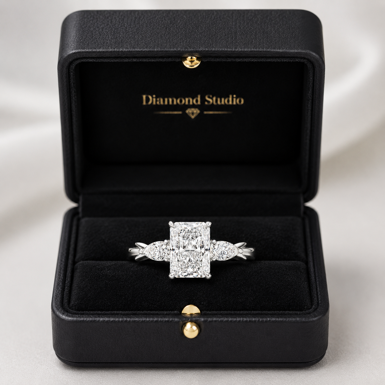 2.50 CT Radiant Lab-Grown Diamond Three-Stone Engagement Ring in 14K White Gold – Pear Side Stone Design