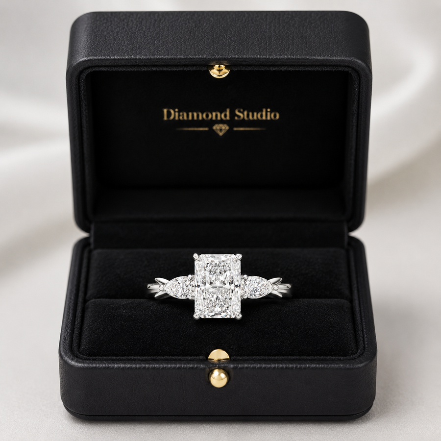 2.50 CT Radiant Lab-Grown Diamond Three-Stone Engagement Ring in 14K White Gold – Pear Side Stone Design
