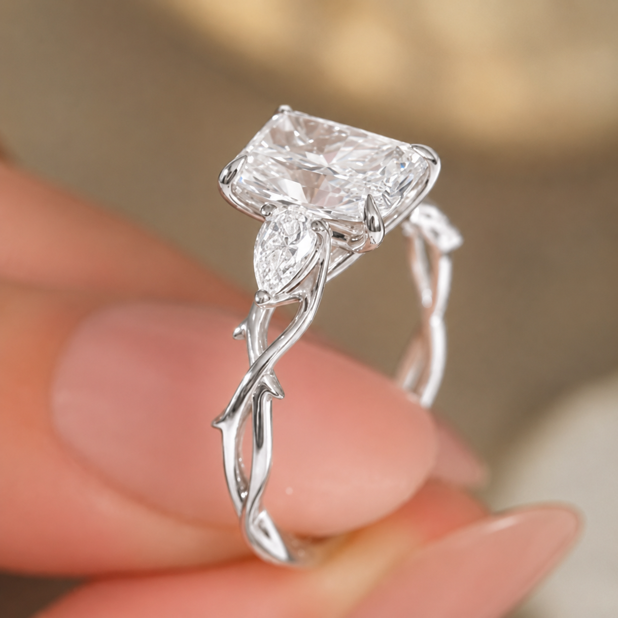 2.50 CT Radiant Lab-Grown Diamond Three-Stone Engagement Ring in 14K White Gold – Pear Side Stone Design