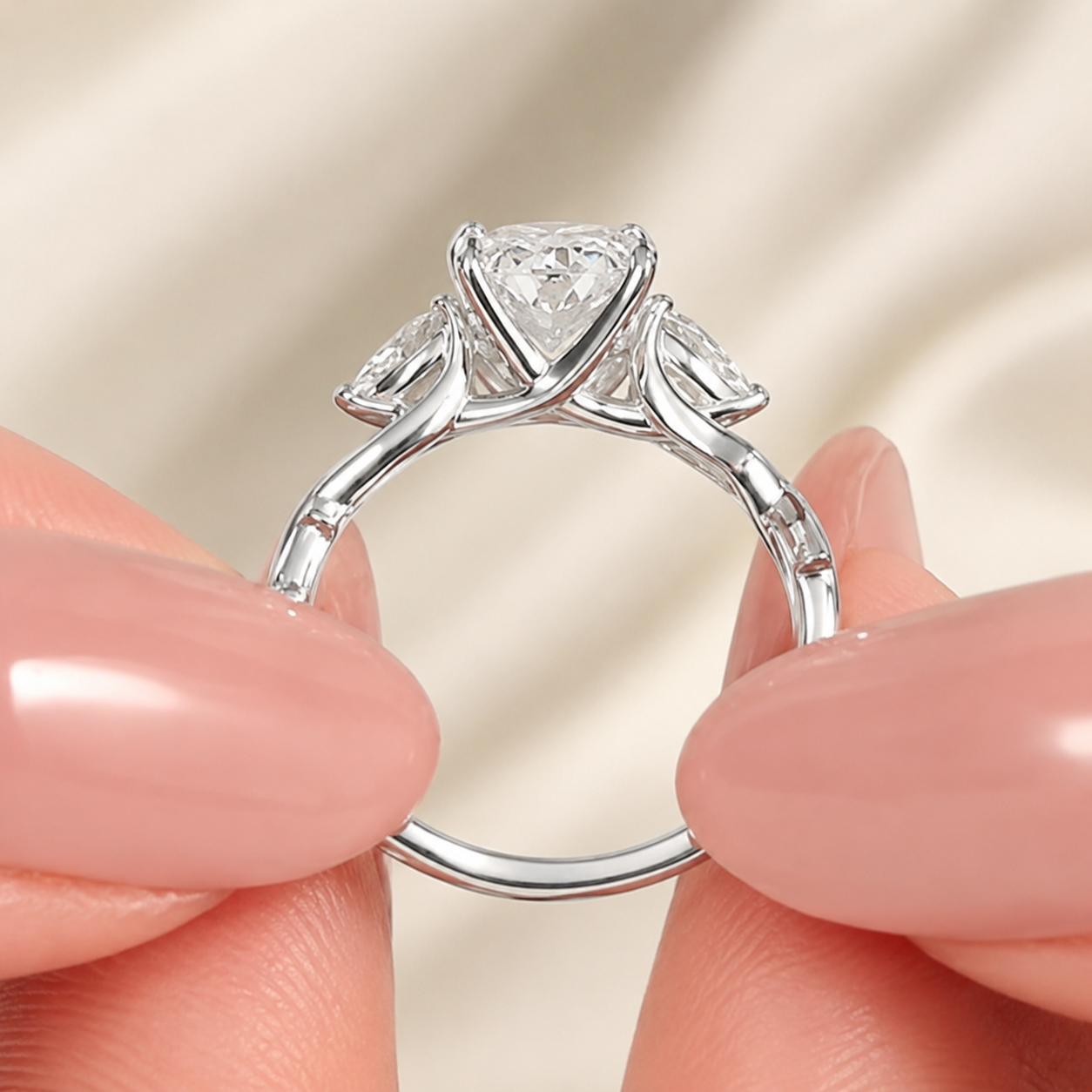 2.50 CT Radiant Lab-Grown Diamond Three-Stone Engagement Ring in 14K White Gold – Pear Side Stone Design
