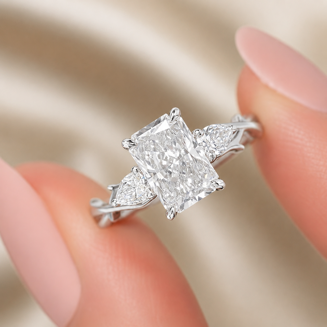 2.50 CT Radiant Lab-Grown Diamond Three-Stone Engagement Ring in 14K White Gold – Pear Side Stone Design