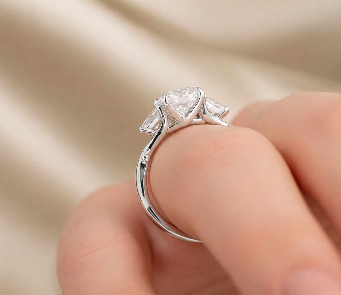 2.50 CT Radiant Lab-Grown Diamond Three-Stone Engagement Ring in 14K White Gold – Pear Side Stone Design
