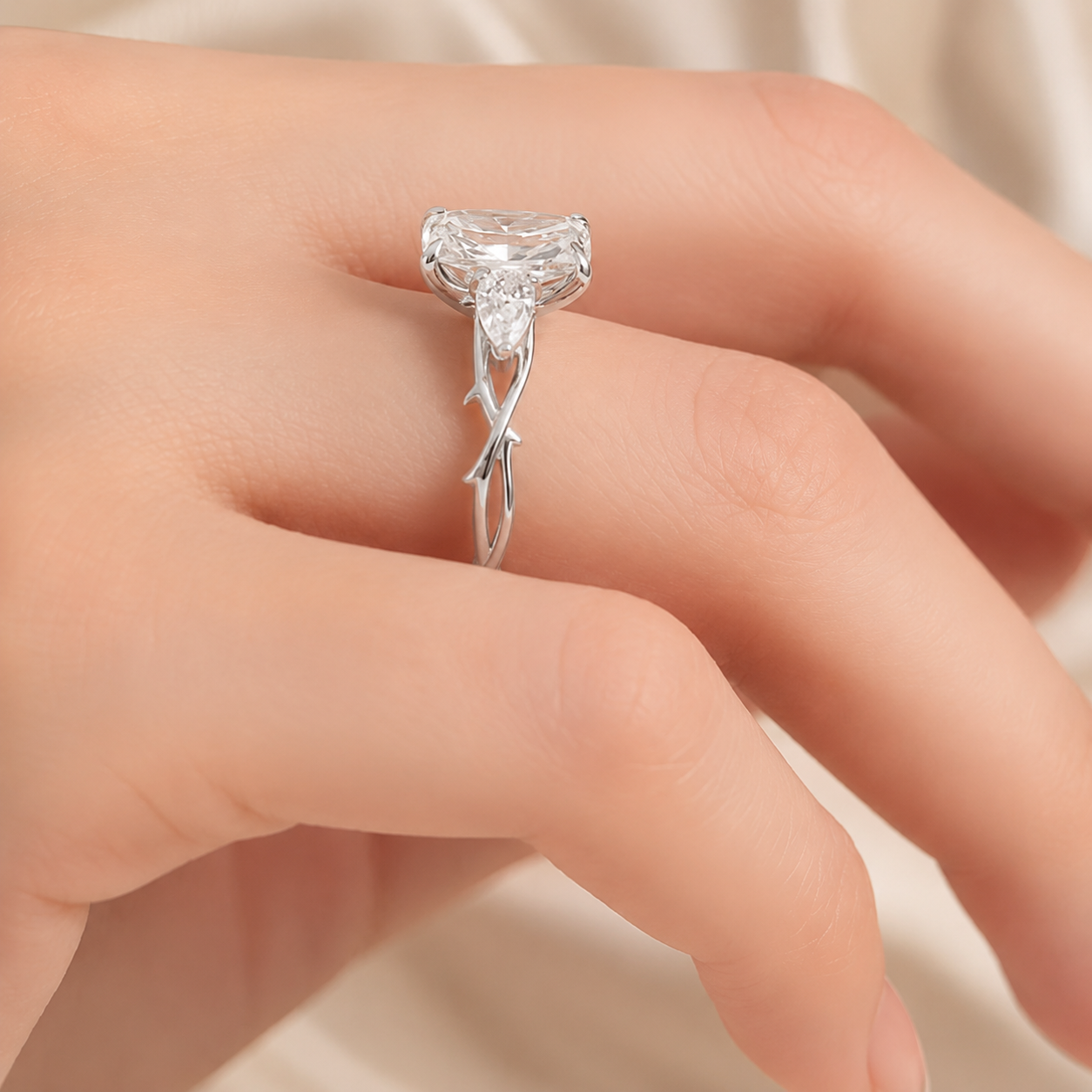 2.50 CT Radiant Lab-Grown Diamond Three-Stone Engagement Ring in 14K White Gold – Pear Side Stone Design