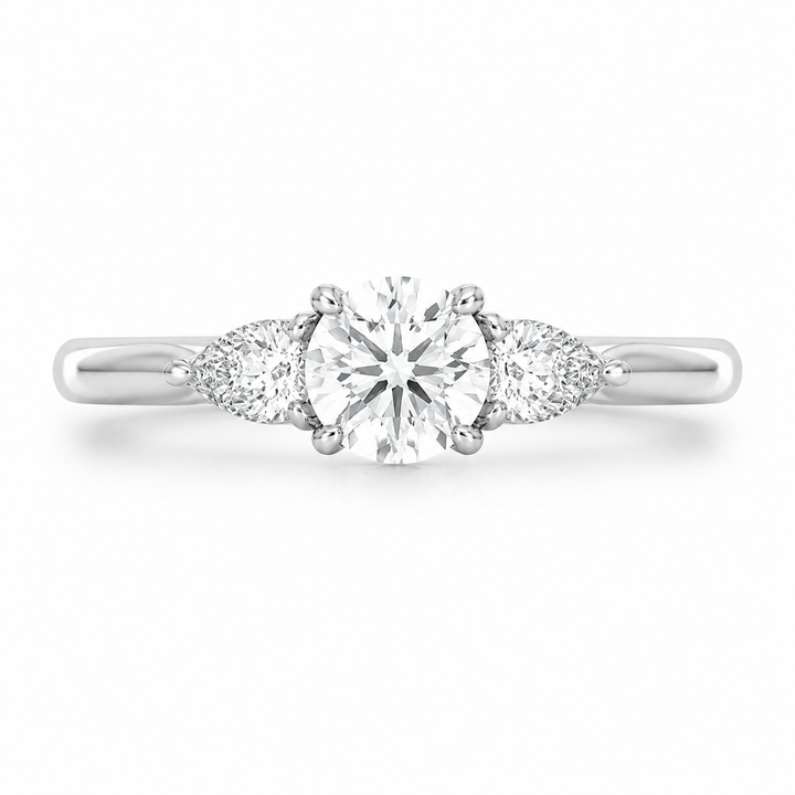 1.00 CT Round Lab-Grown Diamond Three-Stone Engagement Ring in 14K White Gold â€“ Classic Tulip Setting Design from Diamond Studio