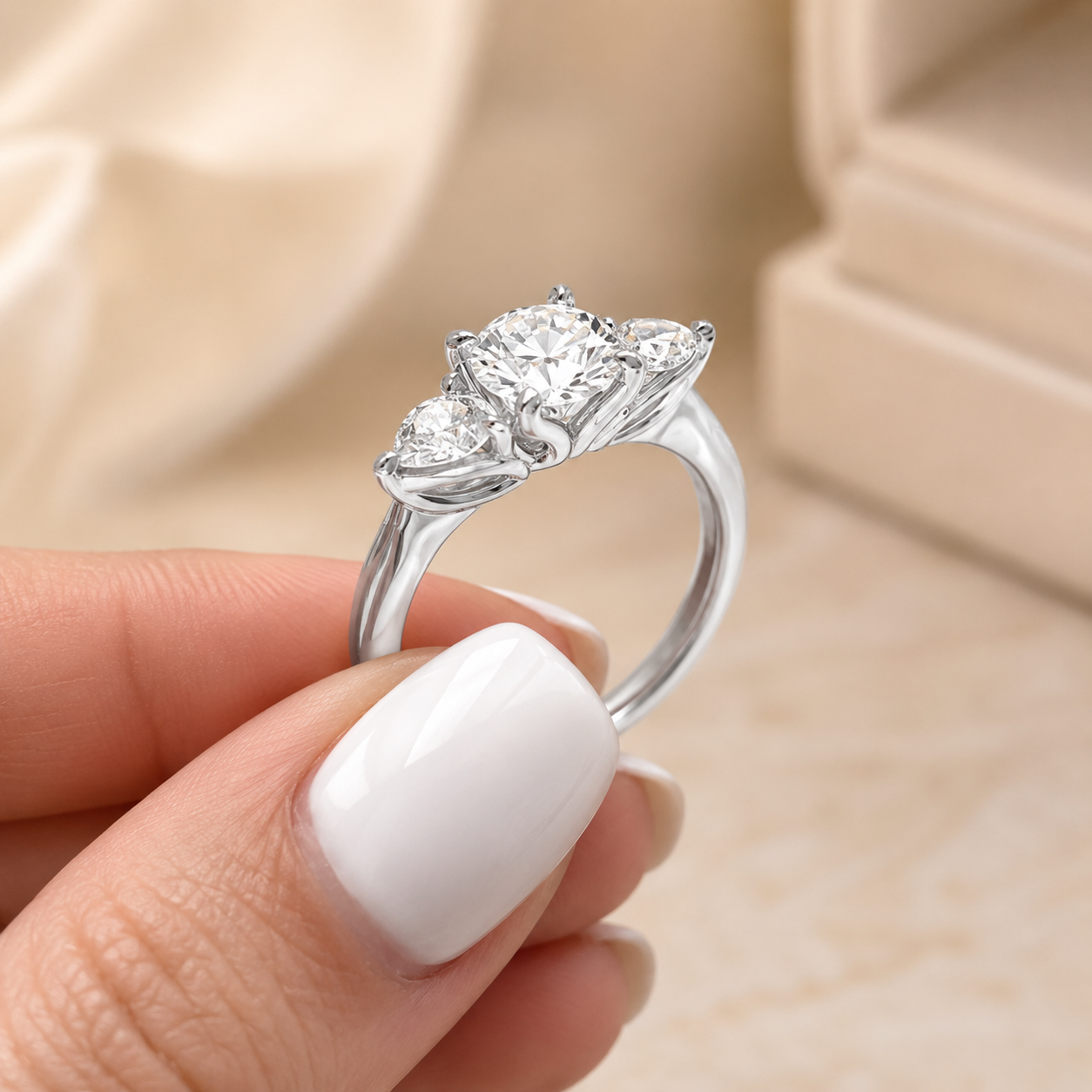 1.00 CT Round Lab-Grown Diamond Three-Stone Engagement Ring in 14K White Gold – Classic Tulip Setting Design
