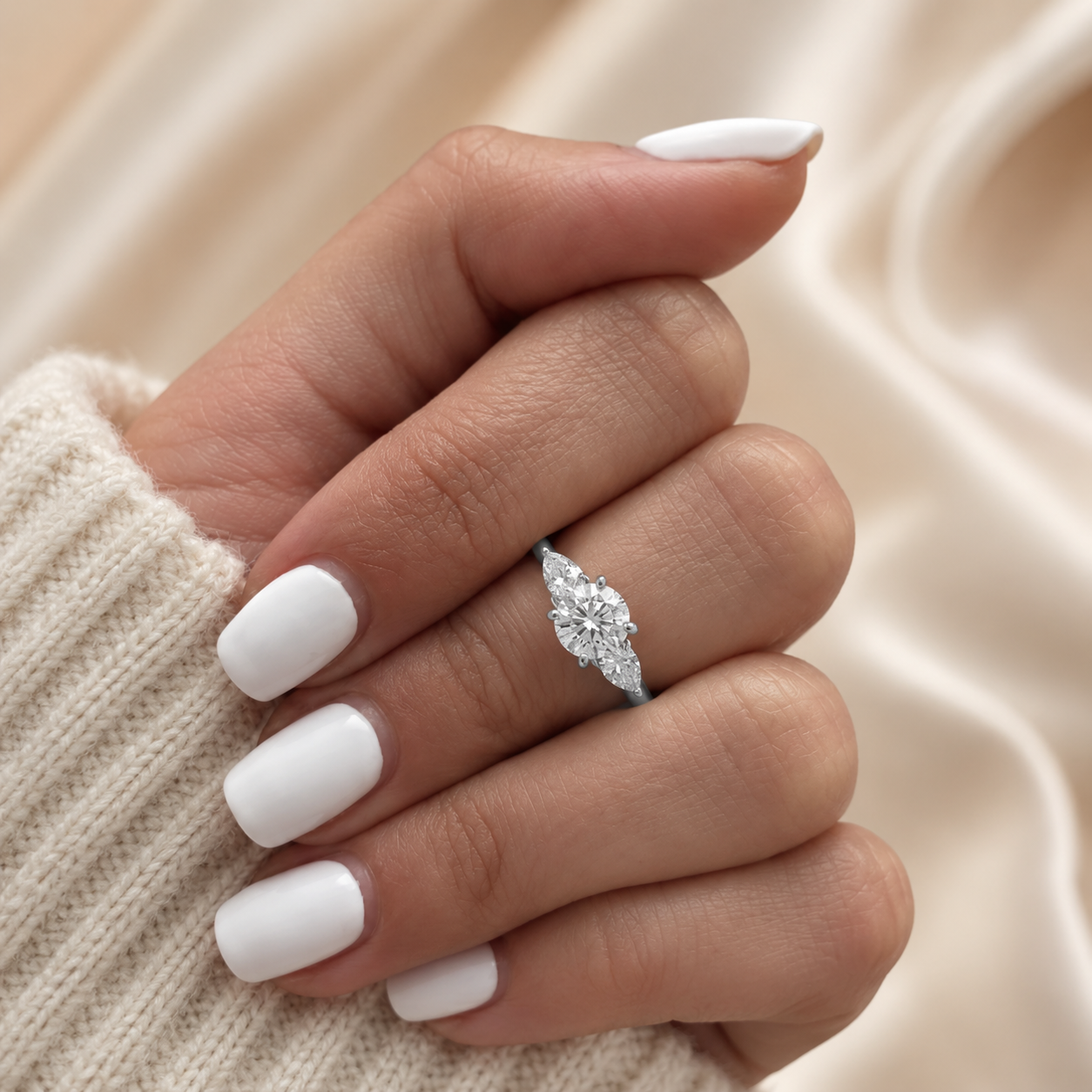 1.00 CT Round Lab-Grown Diamond Three-Stone Engagement Ring in 14K White Gold – Classic Tulip Setting Design
