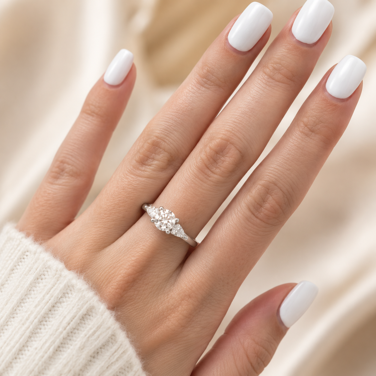 1.00 CT Round Lab-Grown Diamond Three-Stone Engagement Ring in 14K White Gold – Classic Tulip Setting Design