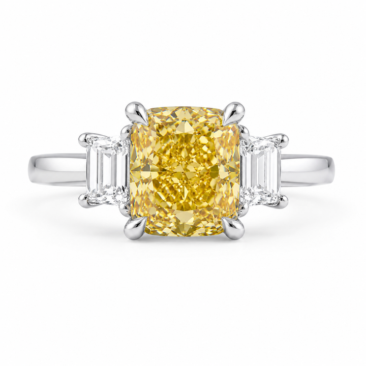3.00 CT Yellow Radiant Cut Lab-Grown Diamond Three-Stone Engagement Ring in 14K White Gold â€“ Fancy Color Proposal Design from Diamond Studio