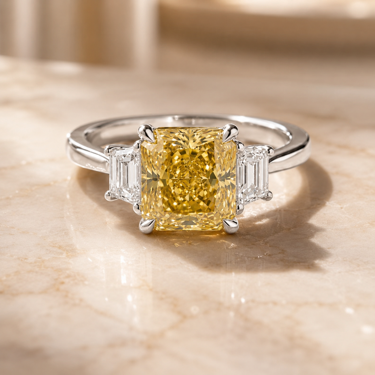 3.00 CT Yellow Radiant Cut Lab-Grown Diamond Three-Stone Engagement Ring in 14K White Gold – Fancy Color Proposal Design