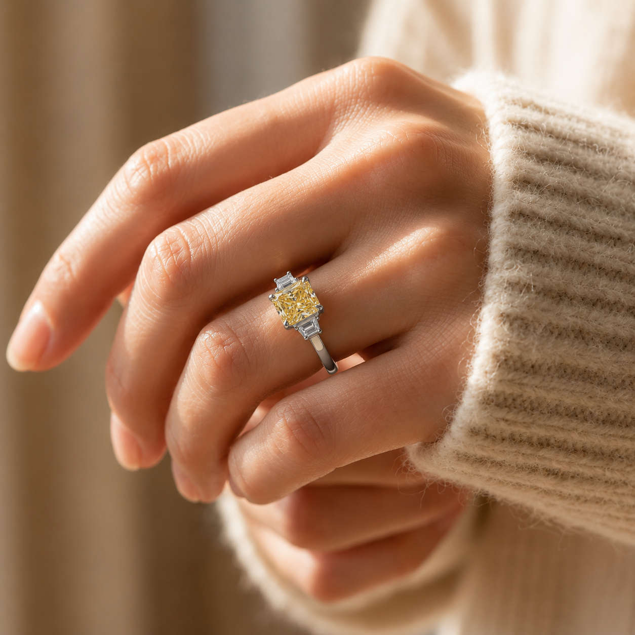 3.00 CT Yellow Radiant Cut Lab-Grown Diamond Three-Stone Engagement Ring in 14K White Gold – Fancy Color Proposal Design