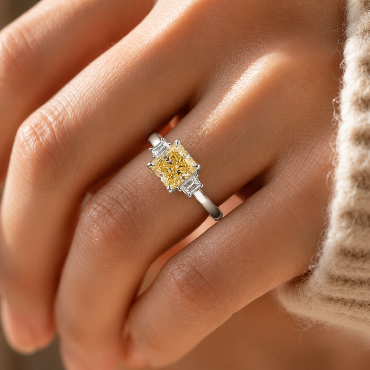 3.00 CT Yellow Radiant Cut Lab-Grown Diamond Three-Stone Engagement Ring in 14K White Gold – Fancy Color Proposal Design