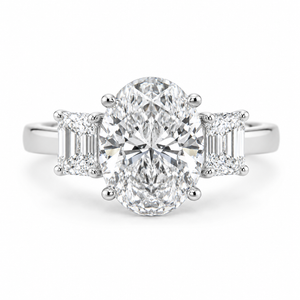 2.00 CT Oval Lab-Grown Diamond Three-Stone Engagement Ring in 14K White Gold – Emerald Accent Design