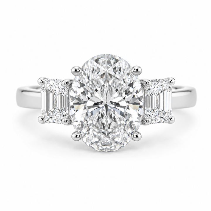 2.00 CT Oval Lab-Grown Diamond Three-Stone Engagement Ring in 14K White Gold â€“ Emerald Accent Design from Diamond Studio