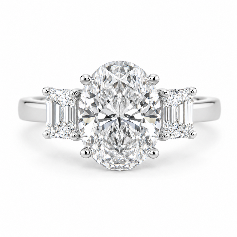2.00 CT Oval Lab-Grown Diamond Three-Stone Engagement Ring in 14K White Gold – Emerald Accent Design