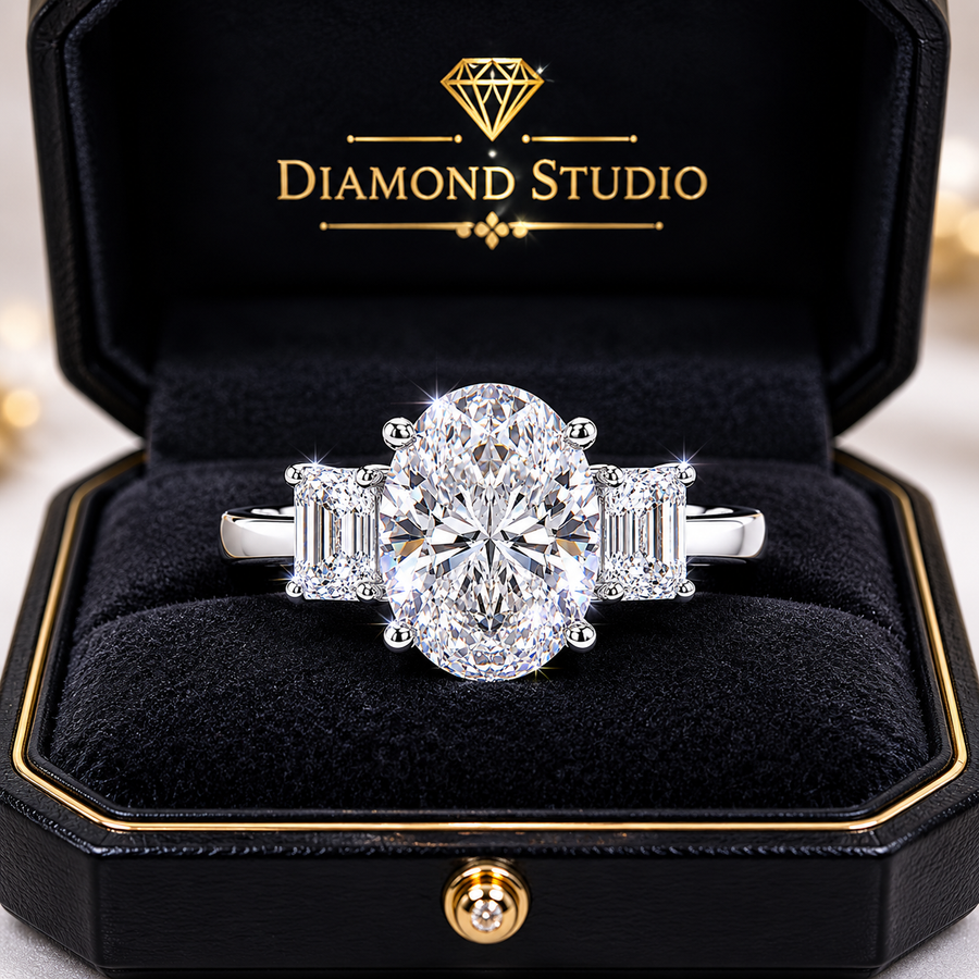2.00 CT Oval Lab-Grown Diamond Three-Stone Engagement Ring in 14K White Gold – Emerald Accent Design