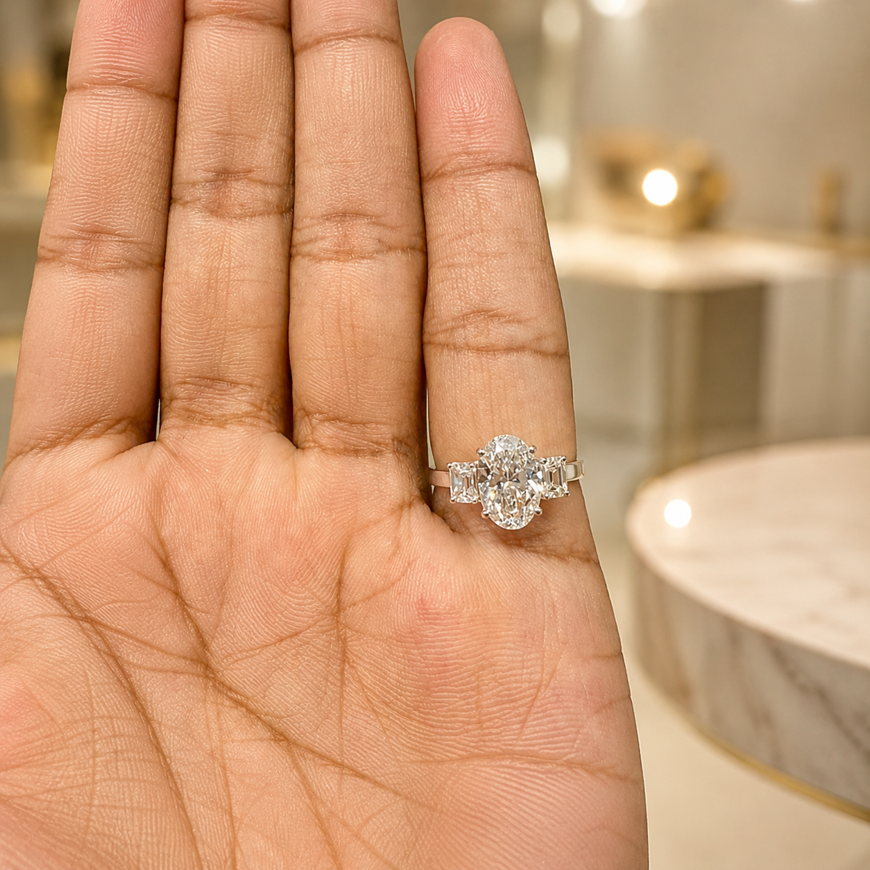 2.00 CT Oval Lab-Grown Diamond Three-Stone Engagement Ring in 14K White Gold – Emerald Accent Design