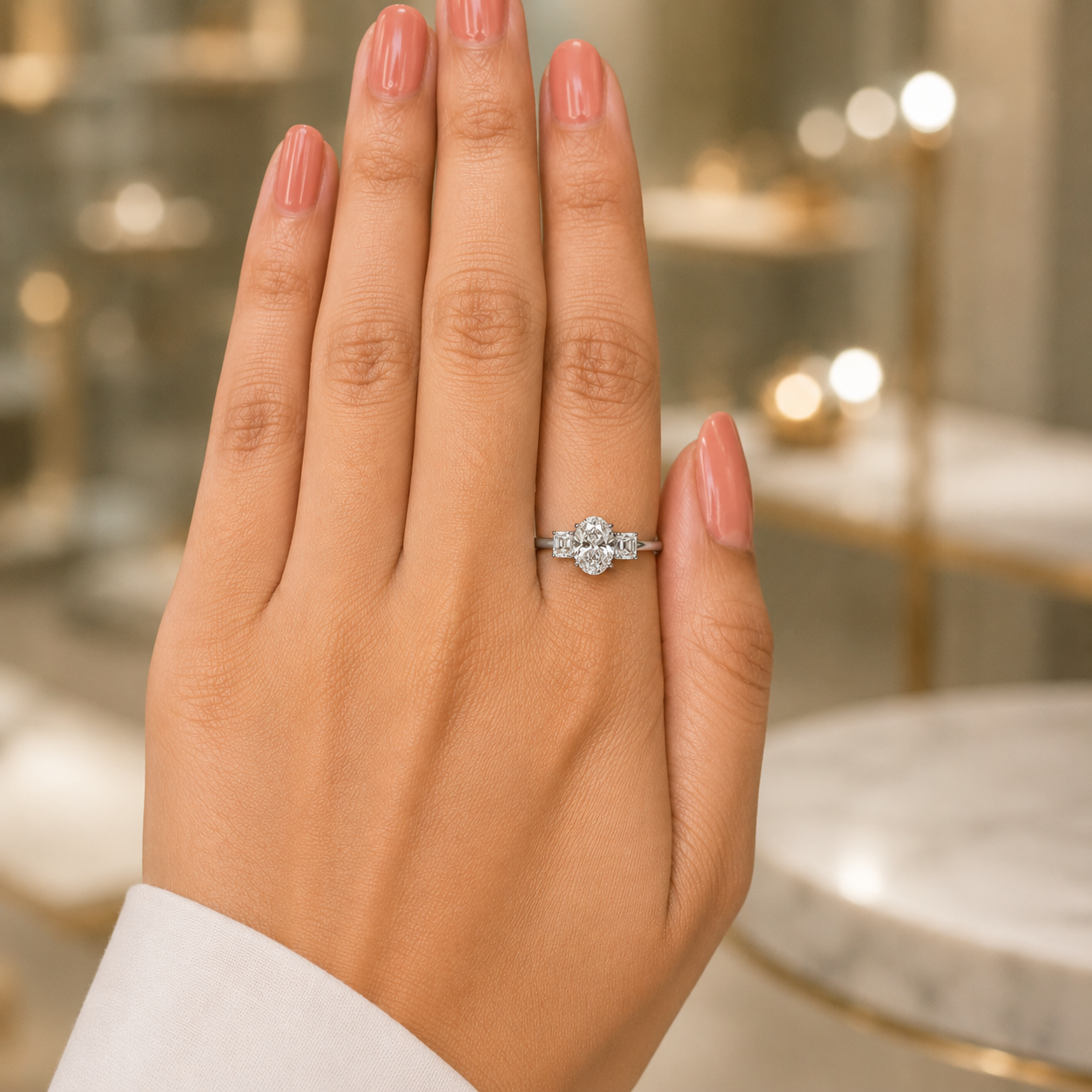 2.00 CT Oval Lab-Grown Diamond Three-Stone Engagement Ring in 14K White Gold – Emerald Accent Design