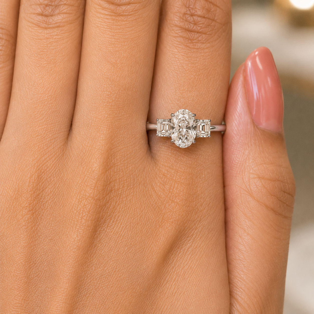 2.00 CT Oval Lab-Grown Diamond Three-Stone Engagement Ring in 14K White Gold – Emerald Accent Design