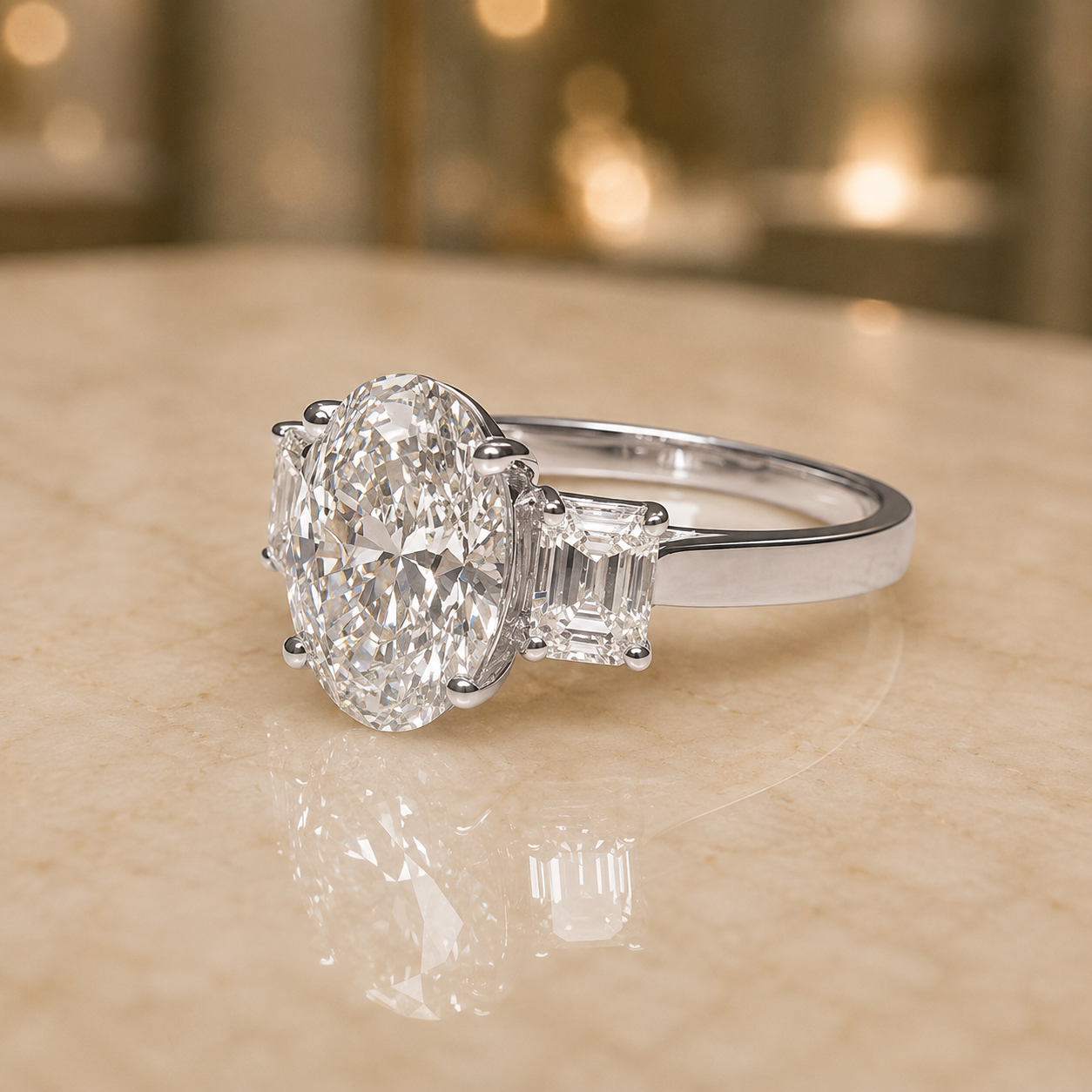 2.00 CT Oval Lab-Grown Diamond Three-Stone Engagement Ring in 14K White Gold – Emerald Accent Design
