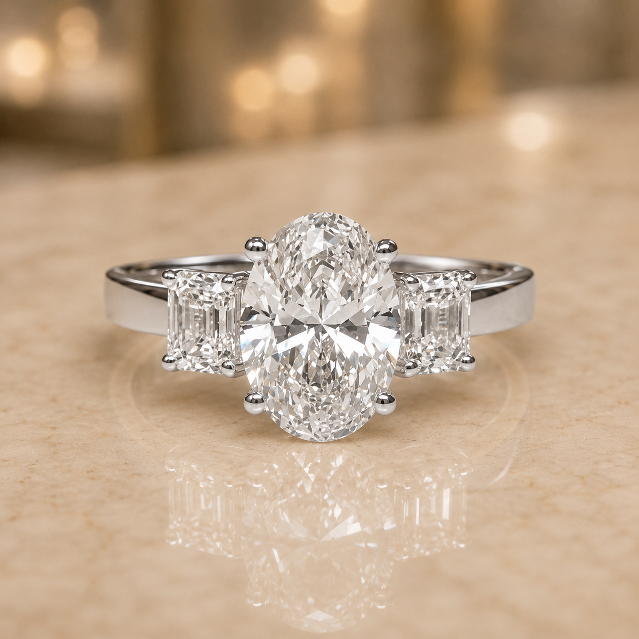 2.00 CT Oval Lab-Grown Diamond Three-Stone Engagement Ring in 14K White Gold – Emerald Accent Design