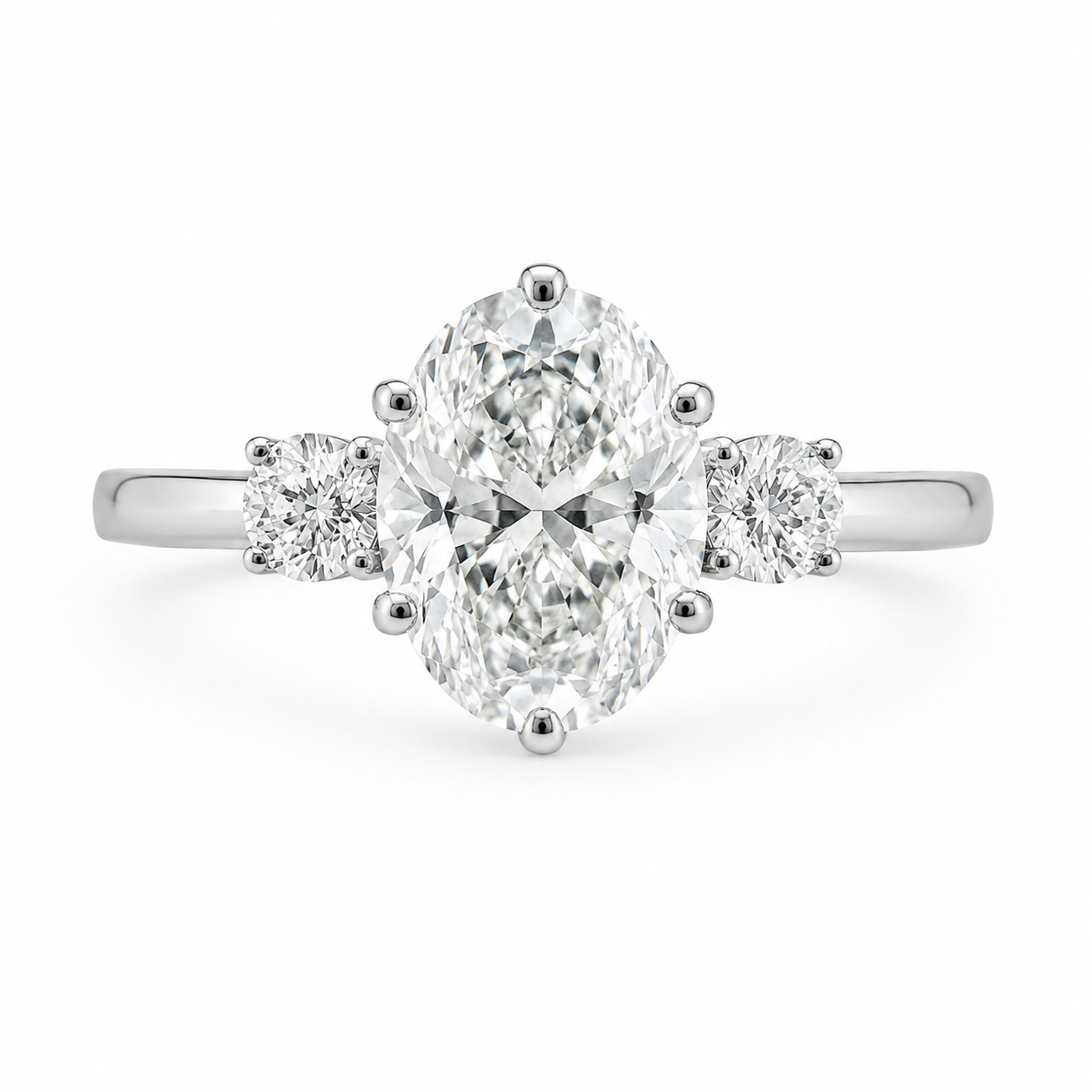 3.00 CT Oval Cut Lab-Grown Diamond Three-Stone Engagement Ring in 14K White Gold – Round Side Diamond Custom Design