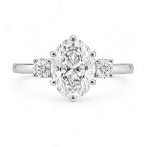 3.00 CT Oval Cut Lab-Grown Diamond Three-Stone Engagement Ring in 14K White Gold – Round Side Diamond Custom Design