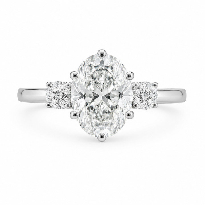 3.00 CT Oval Cut Lab-Grown Diamond Three-Stone Engagement Ring in 14K White Gold â€“ Round Side Diamond Custom Design from Diamond Studio